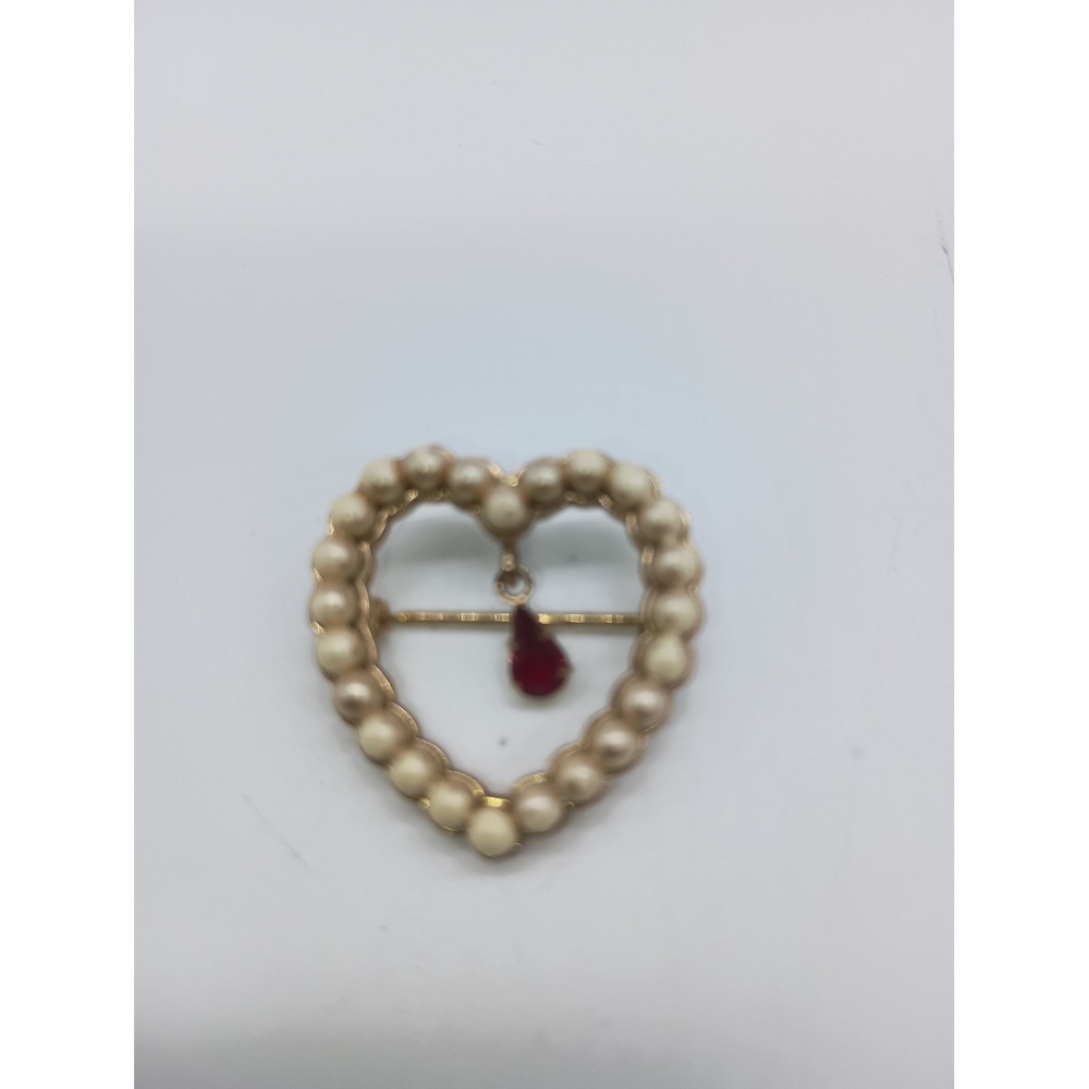 Vintage Gold Tone Avon Faux Pearl Heart Brooch Red Teardrop Dangle Rhinestone